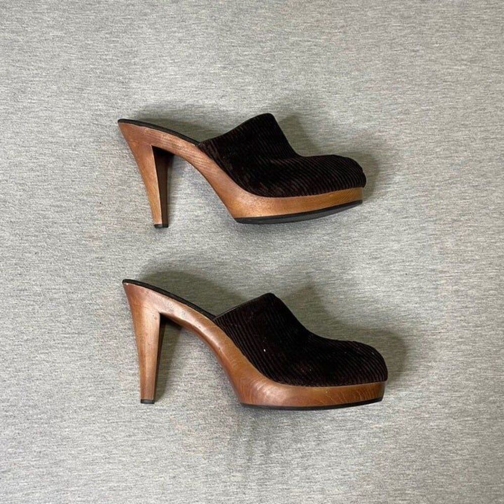 Colin Stuart Women’s Y2K Vintage Corduroy & Wooden Heeled Clog Mules Shoes